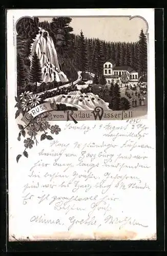 Lithographie Harzburg, Wasserfall und Gaststätte Radau-Wasserfall