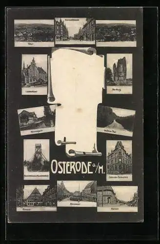 AK Osterode a. H., Alte Burg, Sose-Thal, Kornmarkt und Aussichtsturm auf Manskühnenburg