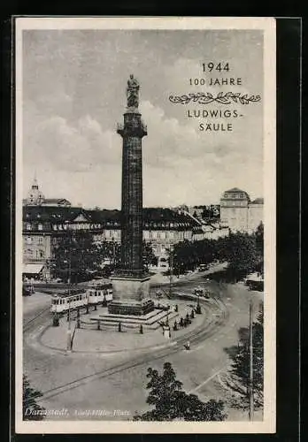 AK Darmstadt, die Ludwigssäule auf dem Platz, eine Strassenbahn unterwegs