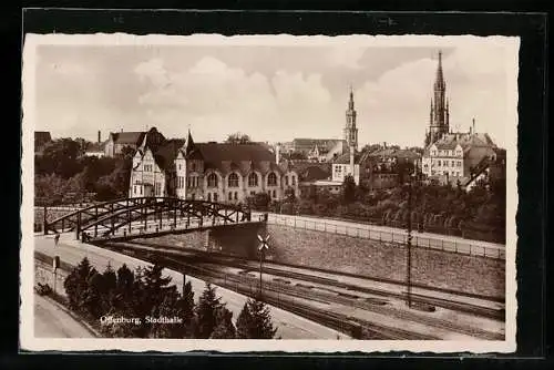 AK Offenburg, Stadthalle mit Bahngleisen