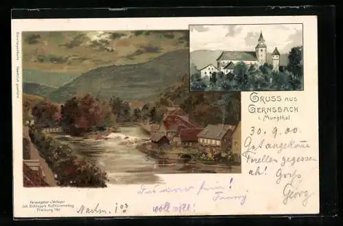 Künstler-AK Gernsbach i. Murgthal, Kirche, Uferpartie