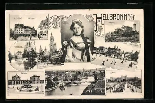 AK Heilbronn a. N., Marktplatz mit Kätchenhaus, St. Kilians-Kirche, Bahnhof