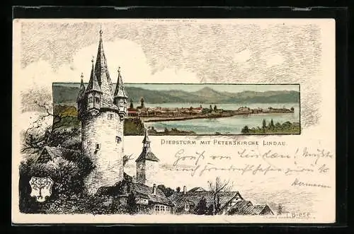 Künstler-AK C.Biese: Lindau, Diebsturm mit Peterskirche, gerahmte Ansicht