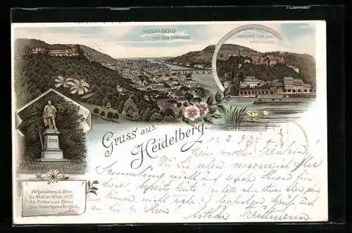 Lithographie Heidelberg, Sicht von der Terrasse und Schloss von der Hirschgasse