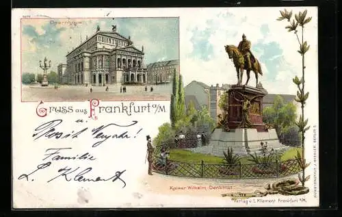 Lithographie Frankfurt /Main, Blick zum Opernhaus und Kaiser-Wilhelm-Denkmal