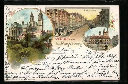 Lithographie Magdeburg, Breiter-Weg, Alter Markt und Dom
