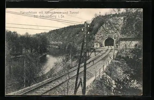 AK Frankenberg i. Sachsen, Harrasfelsen mit Körnerkreuz und Tunnel