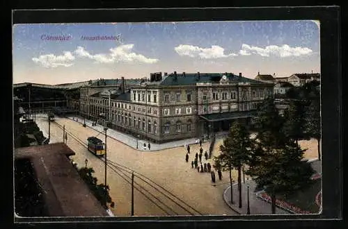 AK Chemnitz, Blick zum Hauptbahnhof mit Strassenbahn