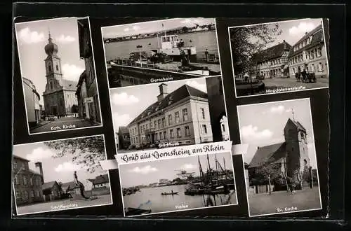 AK Gernsheim /Rh., Schöfferplatz, Magdalenenstrasse, Hafen