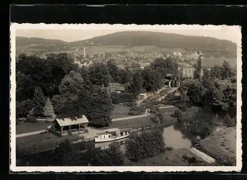 AK Bad Kissingen, Boot auf der Saale aus der Vogelschau