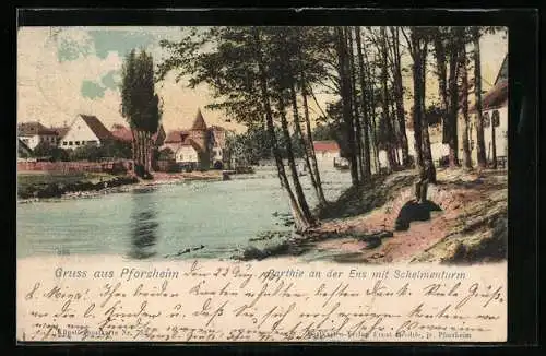 AK Pforzheim, Partie an der Emz mit Schelmenturm