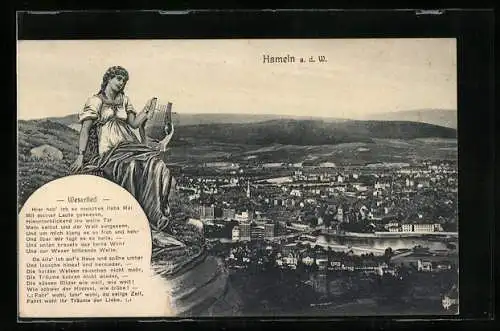 AK Hameln a. d. W., Ortsansicht, Figur mit Lyra, Weserlied