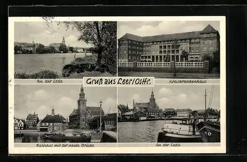 AK Leer /Ostfr., Neues Krankenhaus, Rathaus mit neuer Brücke, An der Leda