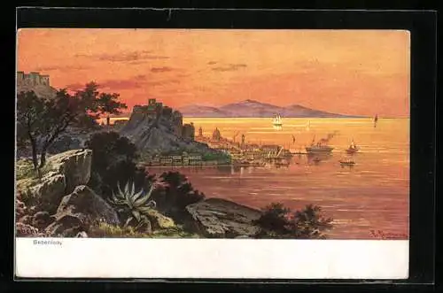 Künstler-AK Friedrich Perlberg: Sebenico, Generalansicht mit Schiffen auf dem Meer bei Sonnenuntergang