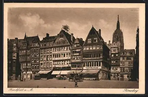 AK Alt-Frankfurt, Römerberg mit Kutsche und Geschäften