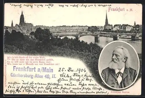 AK Alt-Frankfurt, Stadtansicht mit Brücke und Friedrich Stoltze