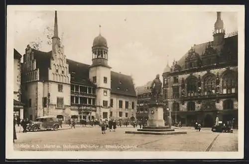 AK Halle a. S., Markt mit Rathaus, Ratskeller und Händel-Denkmal