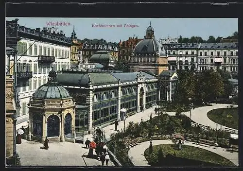 AK Wiesbaden, Kochbrunnen mit Anlagen