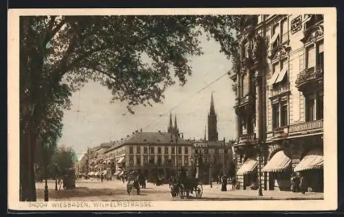 AK Wiesbaden, Wilhelmstrasse mit Strassenbahn