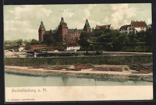 AK Aschaffenburg a. M., Stadtansicht mit Kgl. Schloss und Forstamt
