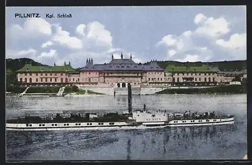 AK Dresden-Pillnitz, Kgl. Schloss mit Ausflugsdampfer Sachsen