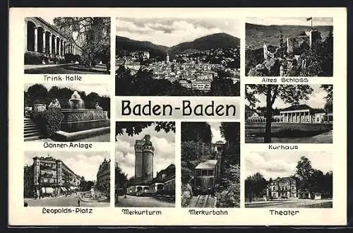 AK Baden-Baden, Gönner-Anlage, Leopolds-Platz, Merkurturm und Merkurbahn