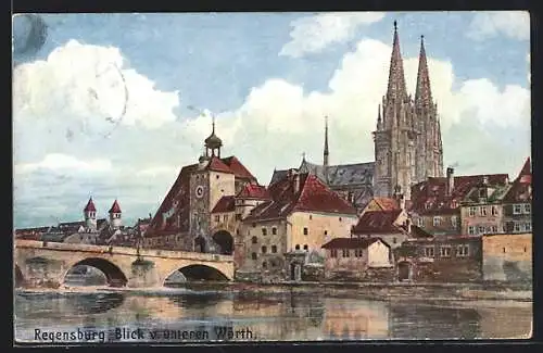 Künstler-AK Regensburg, Blick v. unteren Wörth