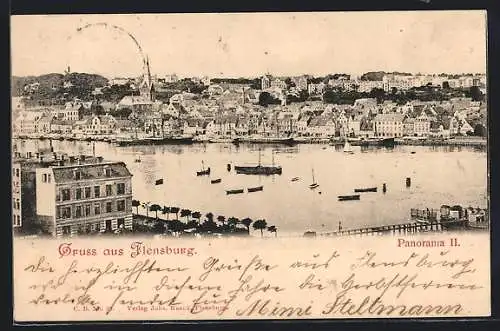 AK Flensburg, Panorama mit Booten