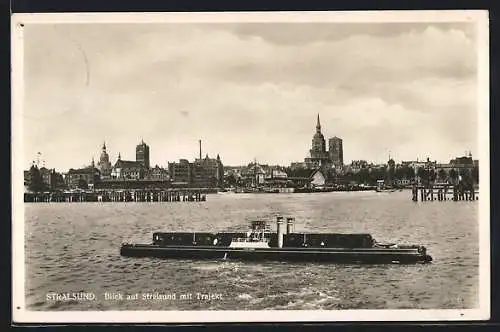 AK Stralsund, Blick auf den Ort mit Trajektschiff