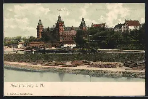 AK Aschaffenburg a. M., Teilansicht mit Kgl. Schloss und Forstamt