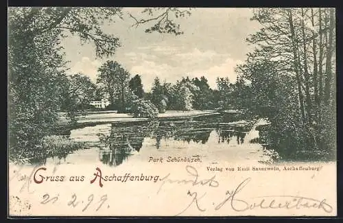 AK Aschaffenburg, Park Schönbusch mit Teich
