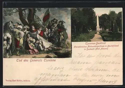 AK Sasbach /Amt Achern, Turenne-Denkmal und Gemälde Tod des Generals Turenne