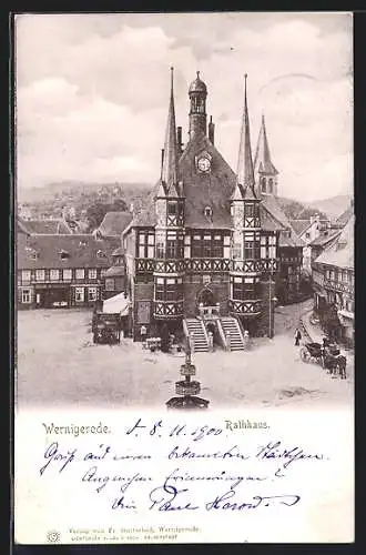 AK Wernigerode, Rathhaus mit Strassenpartie und Kutsche