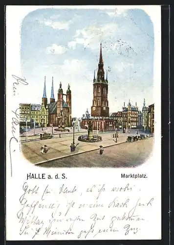 Künstler-AK Halle a. d. Saale, Marktplatz mit Passanten