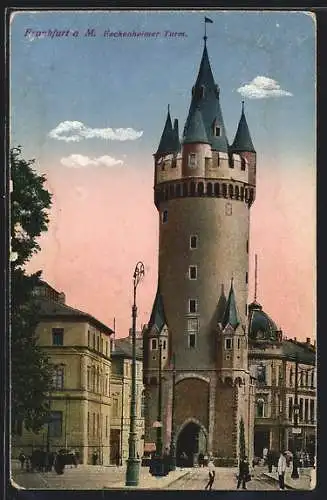 AK Frankfurt a. M., Eschenheimer Turm mit Fussgängern