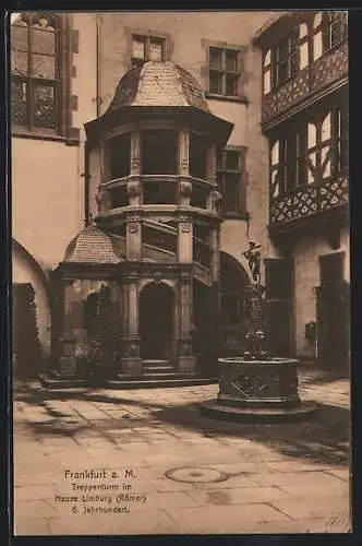 AK Alt-Frankfurt, Treppenturm im Hause Limpurg (Römer) mit Brunnen