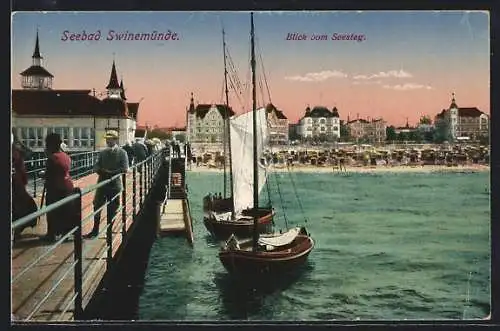 AK Swinemünde, Blick vom Seesteg mit Booten