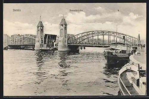 AK Stettin, Dampfer durchfährt die geöffnete Baumbrücke
