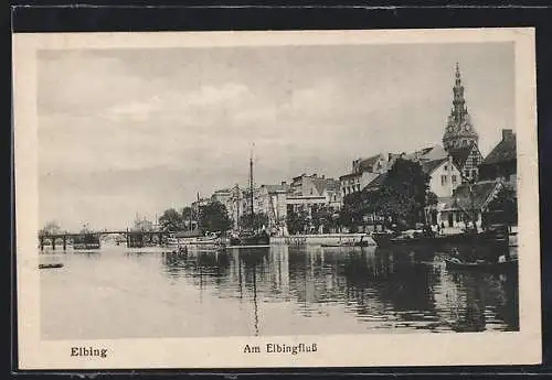 AK Elbing, Flusspartie mit Uferblick und Brücke