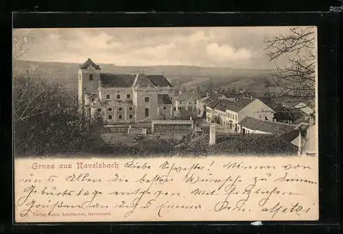 AK Ravelsbach, Turmgebäude und Ort aus der Vogelschau