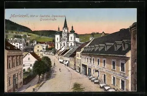 AK Mariazell, Grazerstrasse mit Gasthof zur Goldenen Kanone