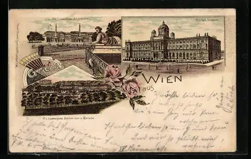 Lithographie Wien II, K.K. Lustschloss Schönbrunn, Gloriette, Hof-Museum