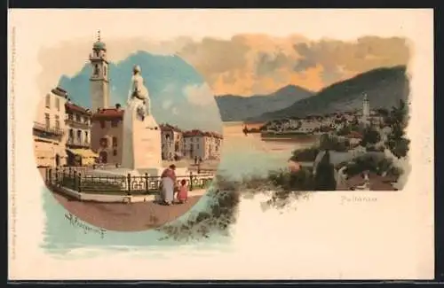 Künstler-Lithographie Pallanza, Denkmal, Panorama generale