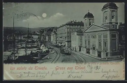 Mondschein-AK Trieste, Hotel de la ville e palazzo Carciotti