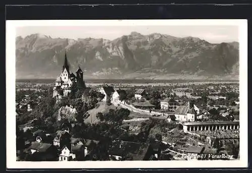 AK Rankweil /Vorarlberg, Ortsansicht mit Bergpanorama aus der Vogelschau