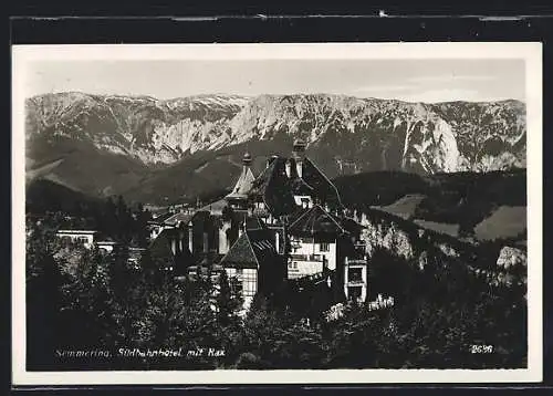 AK Semmering, Südbahnhotel mit Rax aus der Vogelschau