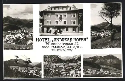AK Mariazell i. Steiermark, Generalansicht mit den Zellerhüten, Seilbahn Bürgeralpe, Hotel Andreas Hofer