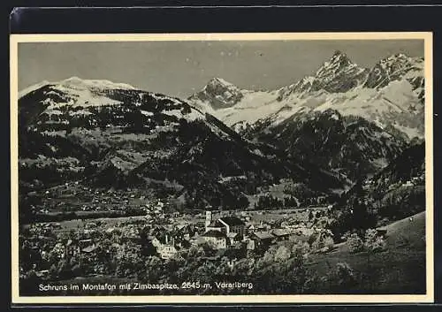 AK Schruns im Montafon, Ortsansicht mit Zimbaspitze aus der Vogelschau