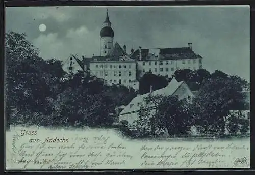 Mondschein-AK Andechs, Ortspartie mit Kloster