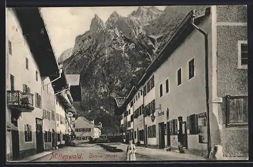 AK Mittenwald, Unterer Markt mit Geschäften